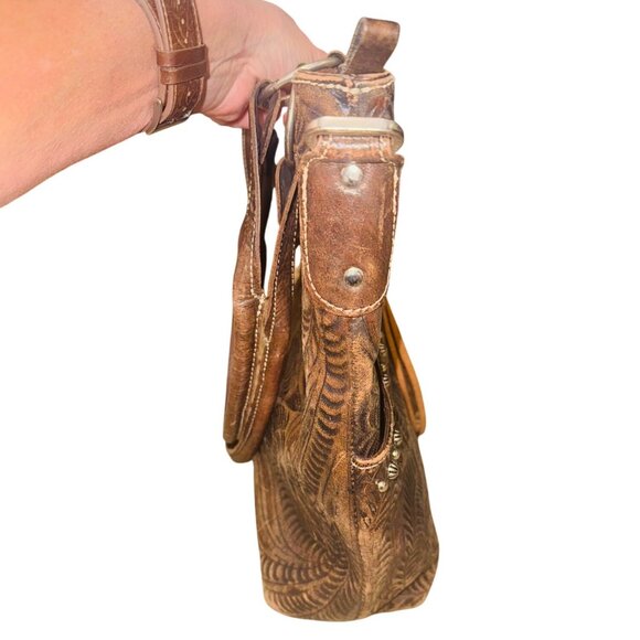 American West Tooled Embossed Brown Leather Bag Concho Accents Fringe Western - Picture 10 of 10